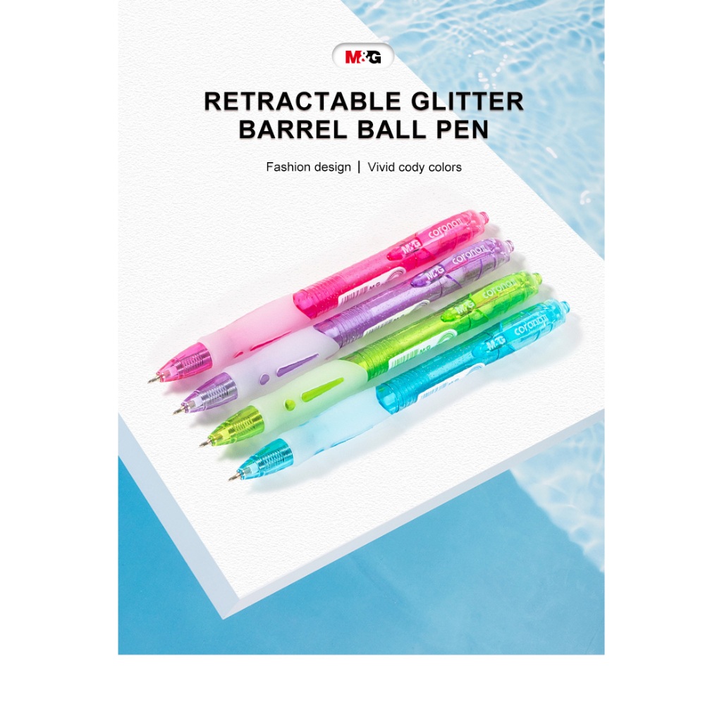 

M&G Retractable Ball Pen Blue 0.38mm Cute Glitter body Comfort rubber grip colorful Ballpoint Tinta Biru ABP023R2