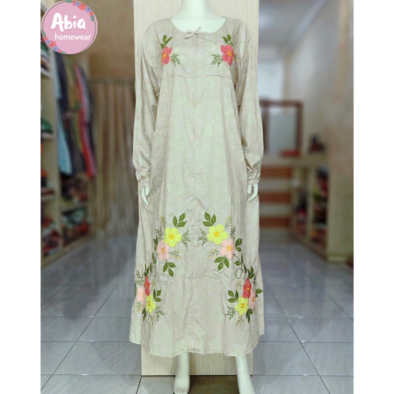 Gamis Katun Jepang Bordir Khas Malang - Busui Friendly (Hijau Muda Keabuan)