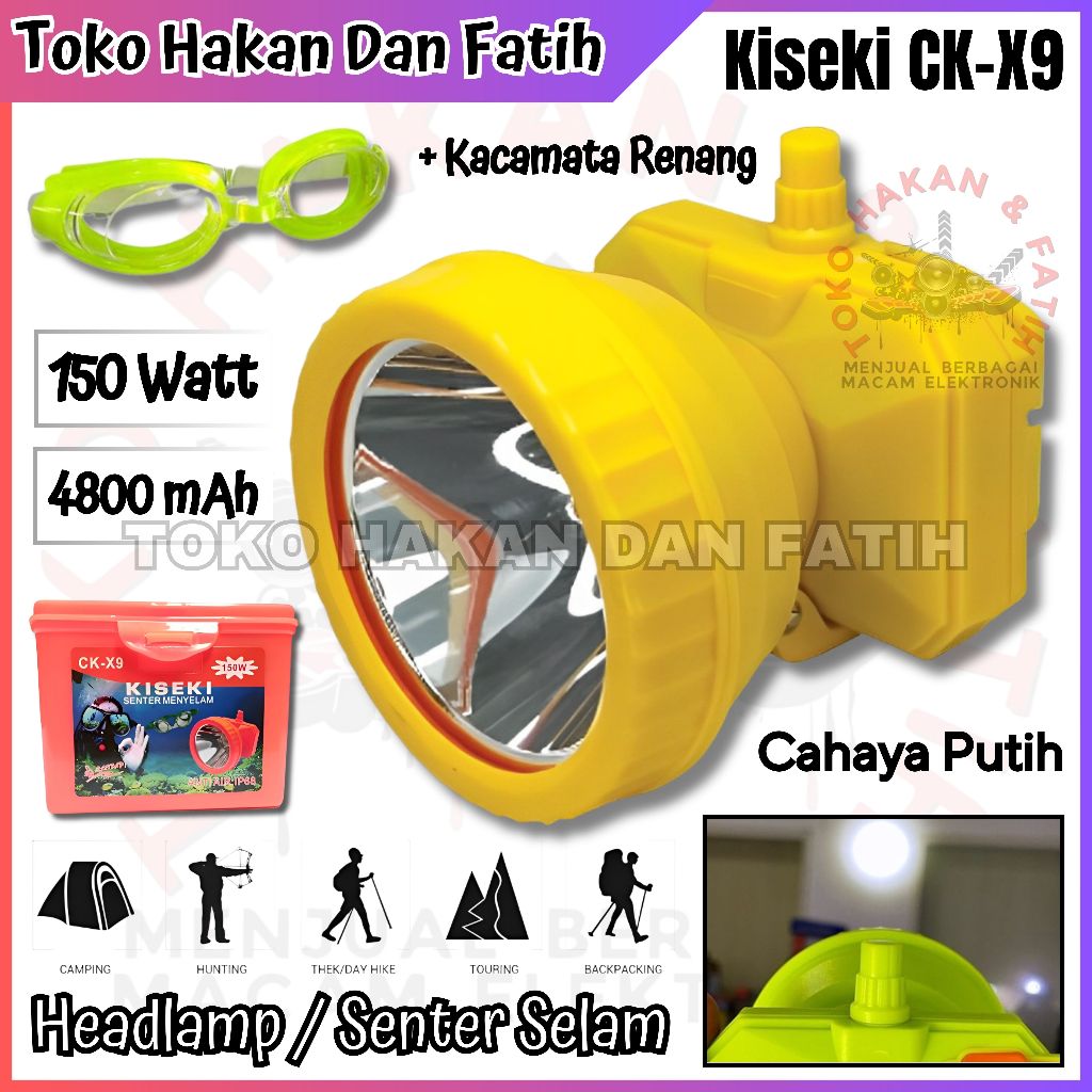 Senter Kepala 150W Kiseki CK-X9 / Head LAmp Selam LED Super Terang 150Watt CK-X9 / Cahaya Putih Bonu