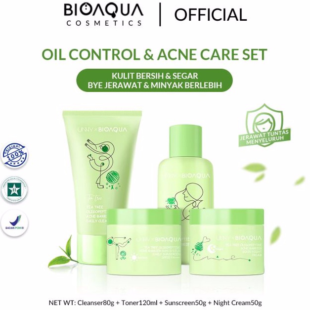 ORIGINAL READY BIOAQUA 4pcs Skincare Paket Tea Tree Oligopeptide Acne Set With Cleanser  Toner  Suns