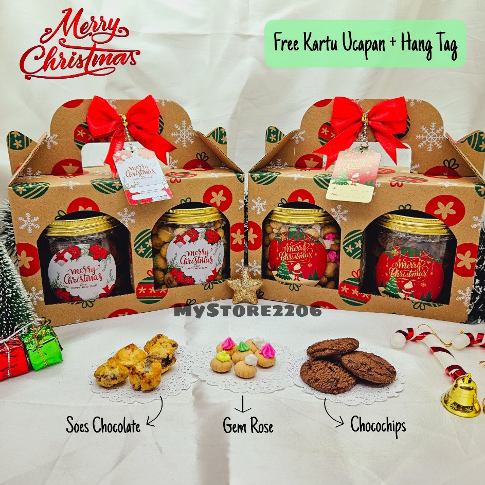 

TEBUS MURAH Hampers Parcel Natal 223 Cookies Kue Kering Choco Chips Gem Rose Soes Chocolate 2 dan 3 Jar 6ml Hampers Merry Christmas