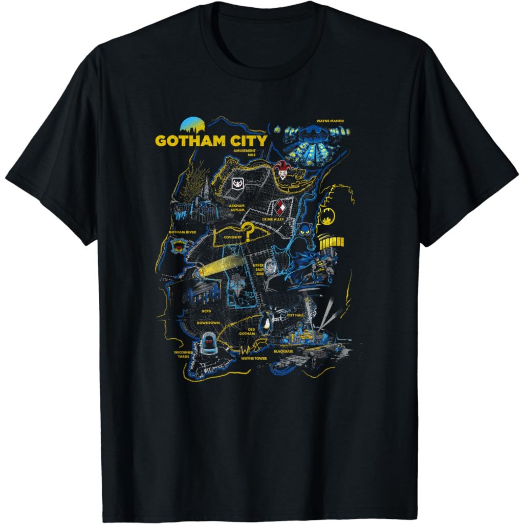 Baju Dewasa DC Comics Batman Gotham City Map Locations Territorial Logo T-Shirt Fashion Pakaian Atas