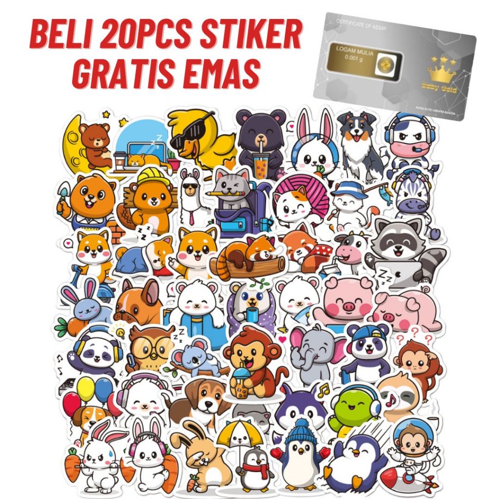 

50 PCS - Stiker Cute Animals - B / Stiker Botol / Stiker Laptop