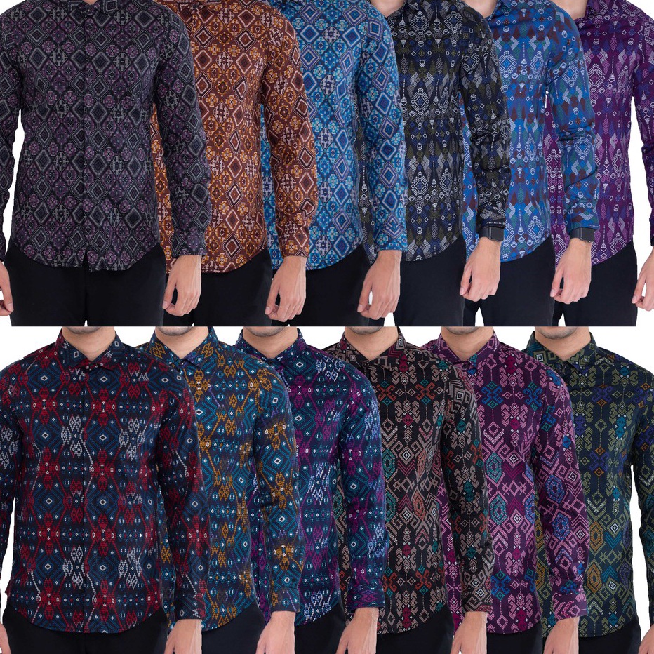 New Stock Atasan Pria Kemeja Batik Lengan Panjang All Motif Hitam Merah Ungu Slimfit Grosir
