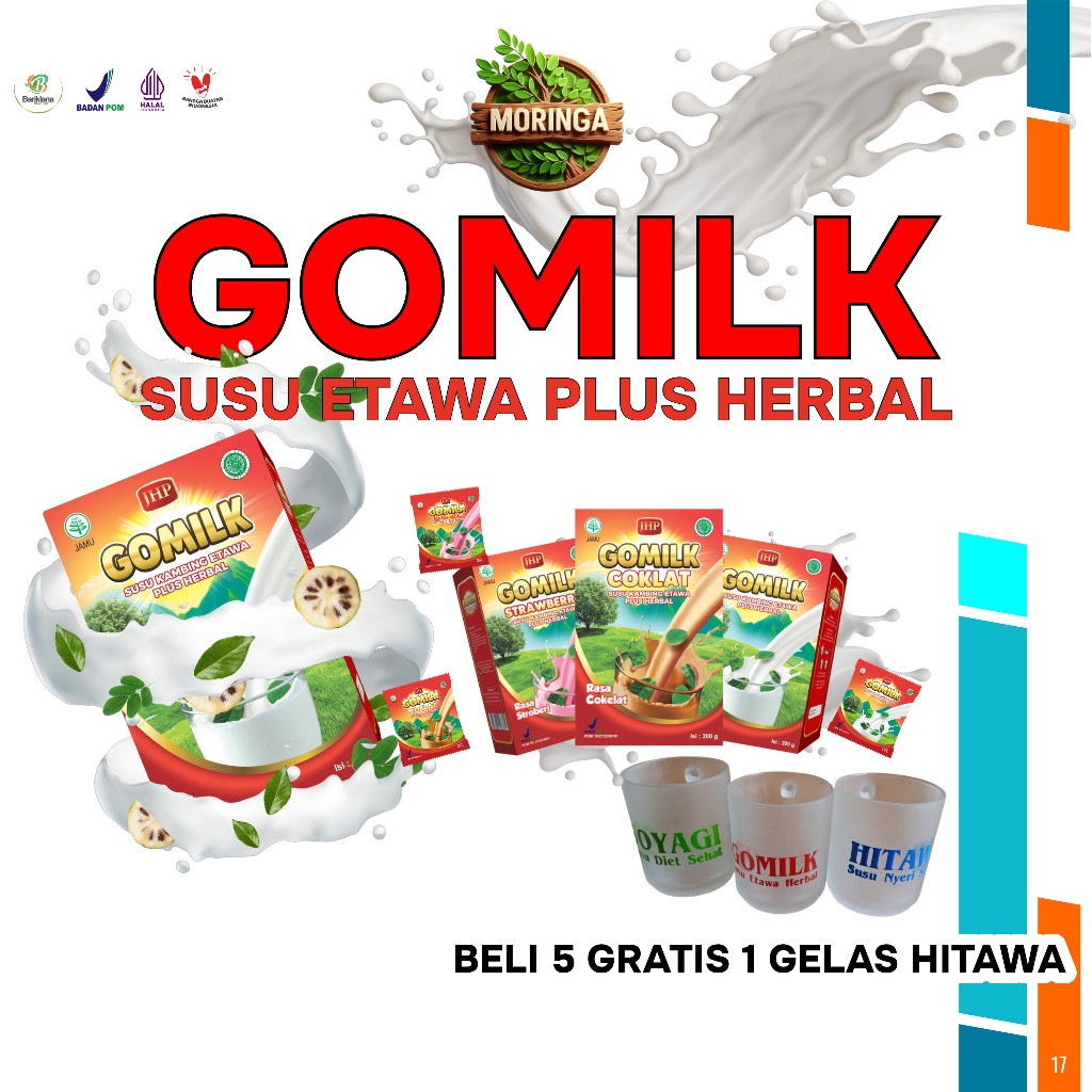 

GOMILK Susu Kambing Etawa plus Herbal Daun Kelor, Daun Salam, Mengkudu BELI 5 BOX GRATIS GELAS