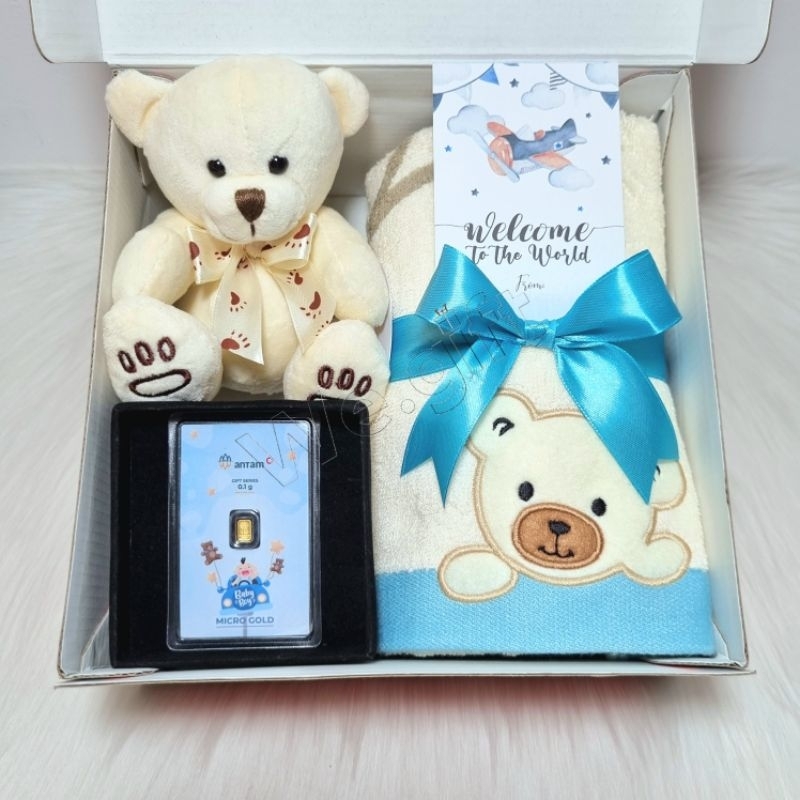 Hampers Baby Newborn Kado Bayi: Emas Antam LM 0,1gr, Handuk Terry Palmer Bear, Boneka Bear