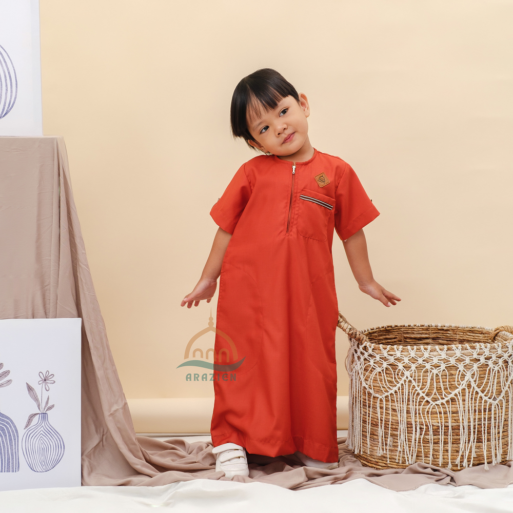 Jubah Gamis Anak Laki-Laki Polos Lengan Pendek Warna Merah Bata