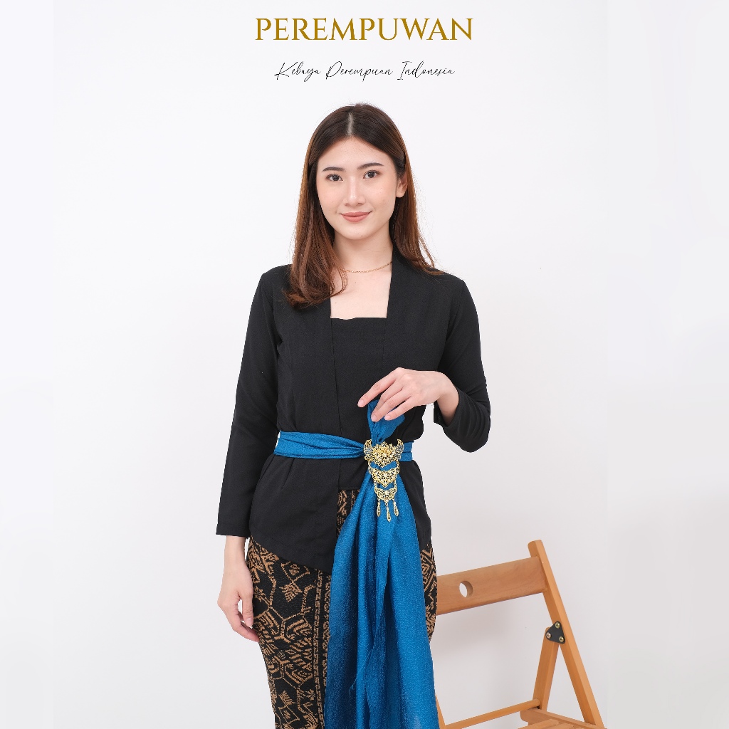 SAMAYA Setelan Set Kebaya Bali Kutu baru Kain Sifon Chiffon Simple Casual Putih Hitam Polos Lengan P