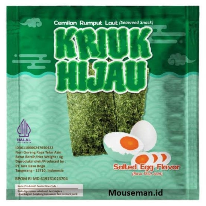 

KRIUK HIJAU CAMILAN RUMPUT LAUT RASA TELUR ASIN 1 BOX ISI 12 SACHET