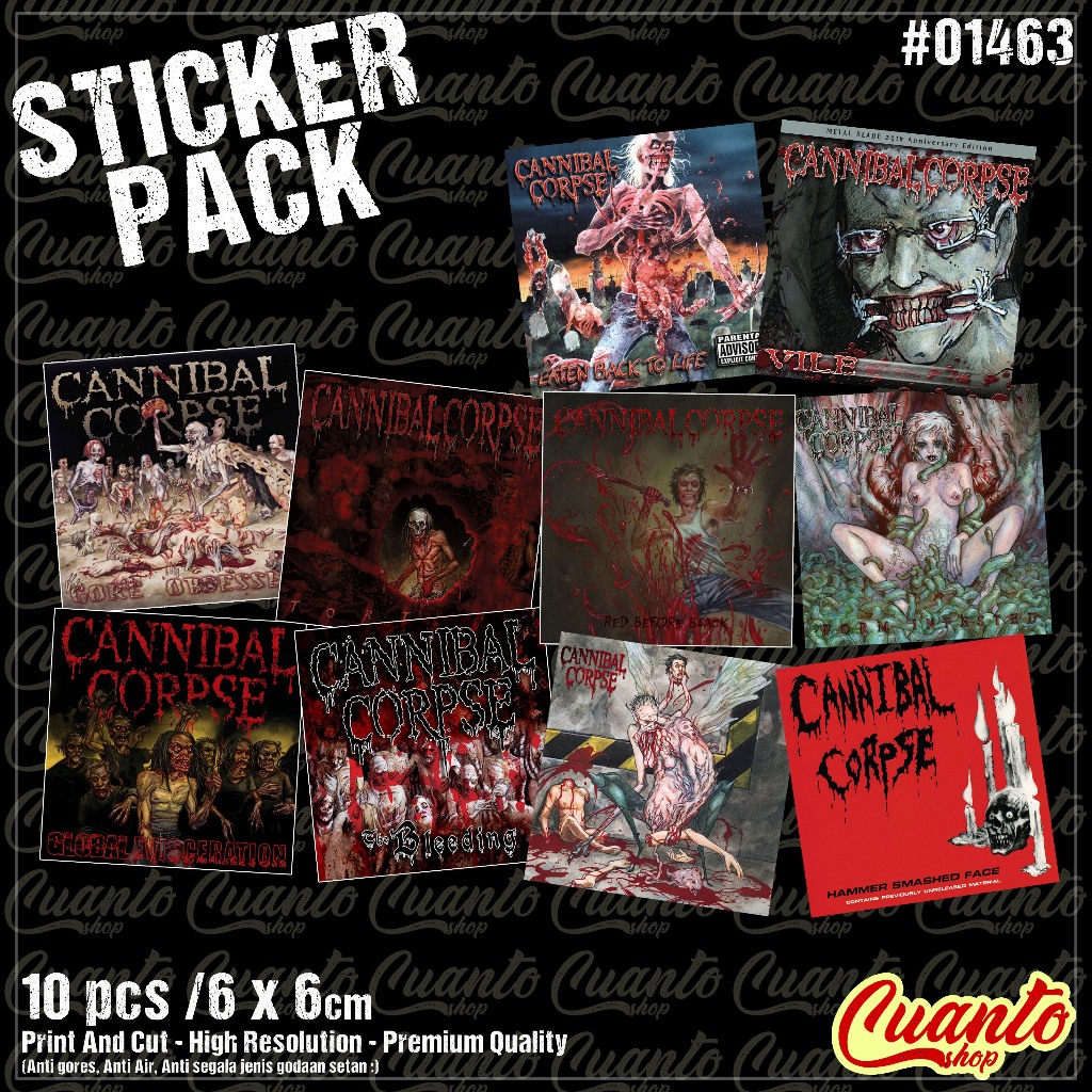 

Sticker Pack Cannibal Corpse isi 10 Album Series Anti Air Anti Gores Kualitas Premium Tidak Mudah Copot Untuk Indoor / Outdoor