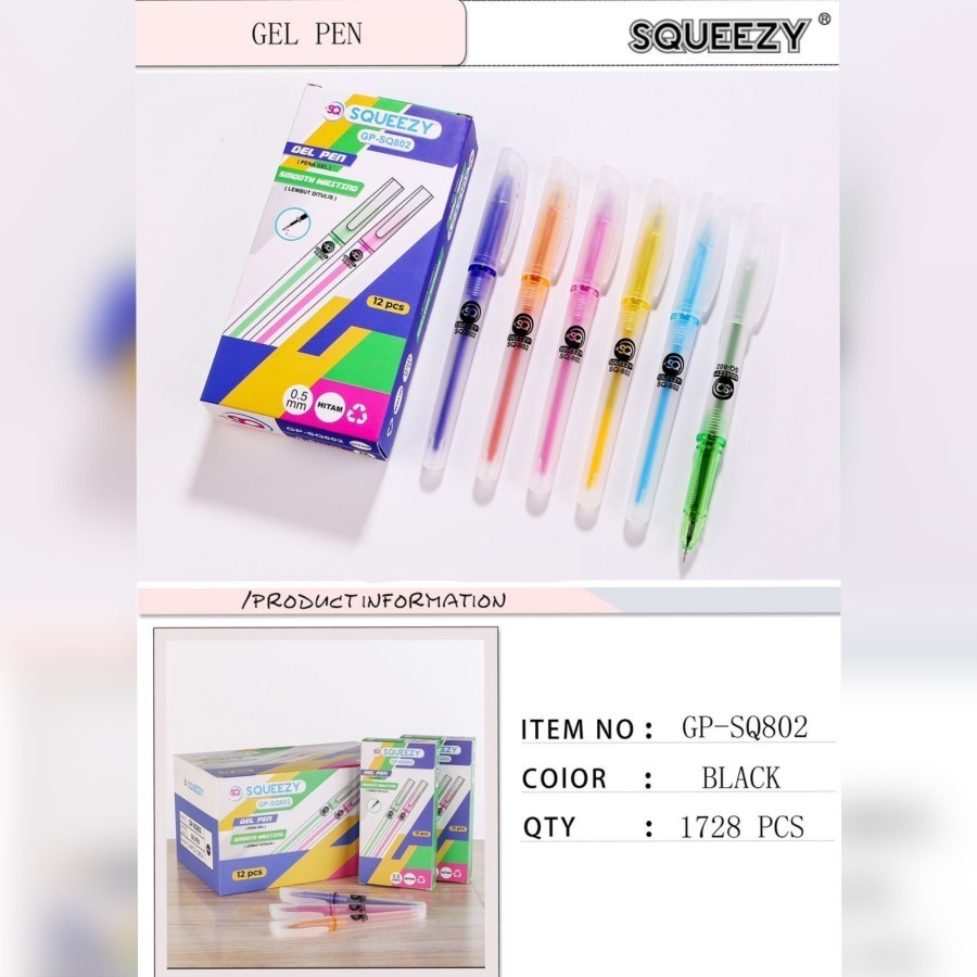 

SQUEEZY Pulpen Gel / Gel Pen GP-SQ802 ( PACK @ 12 pcs ) - 0.5 mm