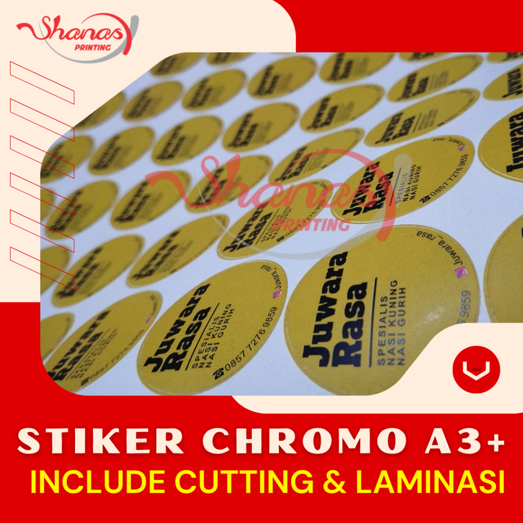 

CETAK STICKER CHROMO A3+ INCLUDE CUTTING MESIN & LAMINASI (Doff / Glossy)