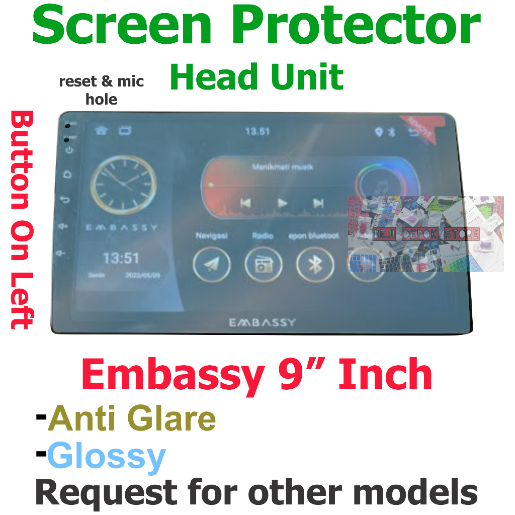 Embassy Android Head Unit mobil 9" inch Screen Protector Guard Left bottom