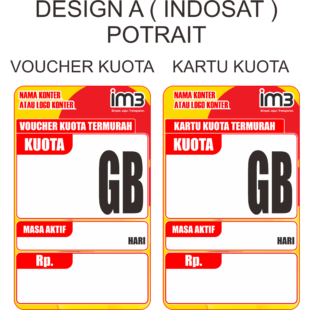 BAHAN TEBAL SEPERTI KTP - LABEL HARGA / PRICE TAG KONTER INDOSAT VOUCHER KUOTA / KARTU KUOTA POTRAIT