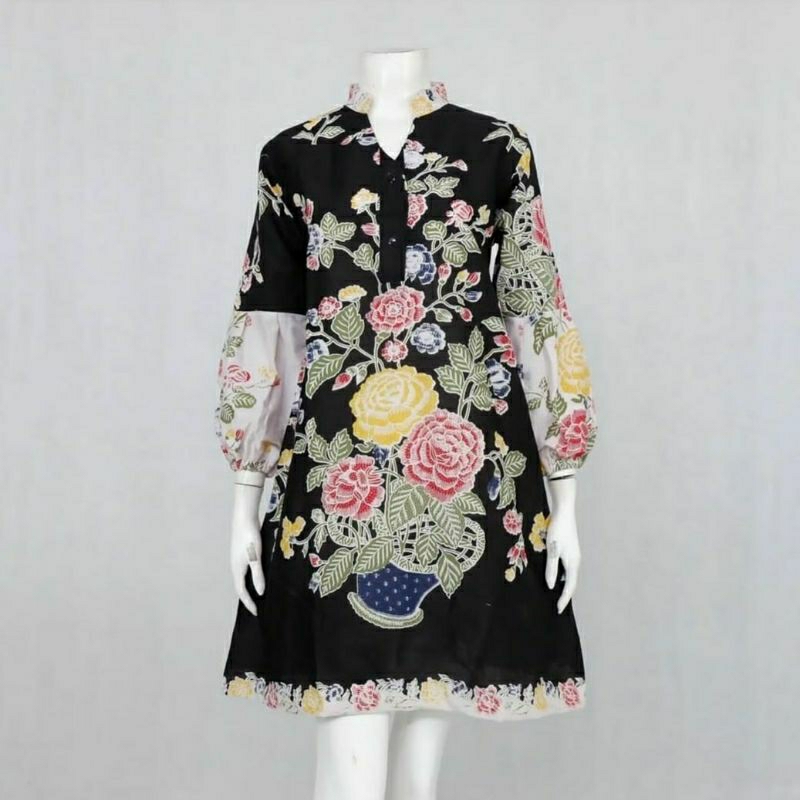 tunik batik lengan balon motif encim kancing depan