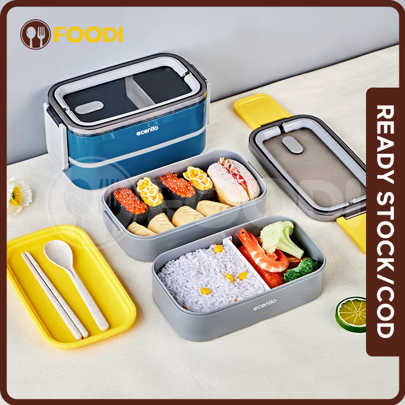 ecentio & FOODI lunch box 2 susun rantang tempat bekal makan anti tumpah/free sendok