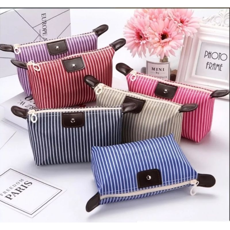 Tas Pouch kosmetik mini motif garis serbaguna make up Lucu