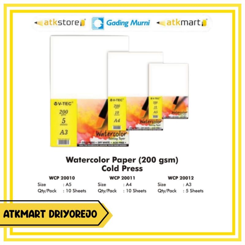 

KERTAS LUKIS MEDIA GAMBAR V-TEC WATER COLOUR PAPER UKURAN A3 WCP-20012