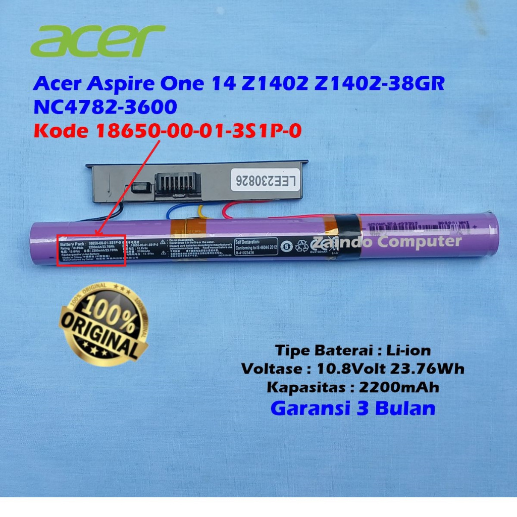 ORIGINAL BATERAI ACER ONE 14 Z1402 Z1402-38GR ACER 14 Z1402, 14-Z1402, Z1401-38GR SERIES / 18650-00-