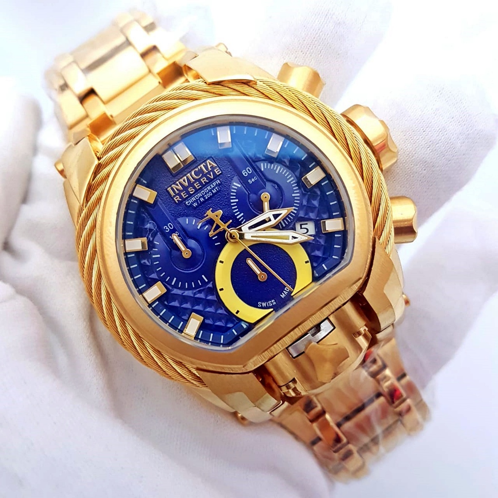 Jam Tangan Pria Big Size INVICTA Reserve Bolt Zeus Magnum Chronograph Bracelet Navy Dial Gold Steel