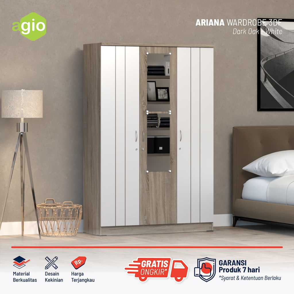 Oggi - Lemari Pakaian 3 Pintu Kayu / Lemari Baju Gantung / Wardrobe Baju / Agio Ariana Wardrobe 3DF