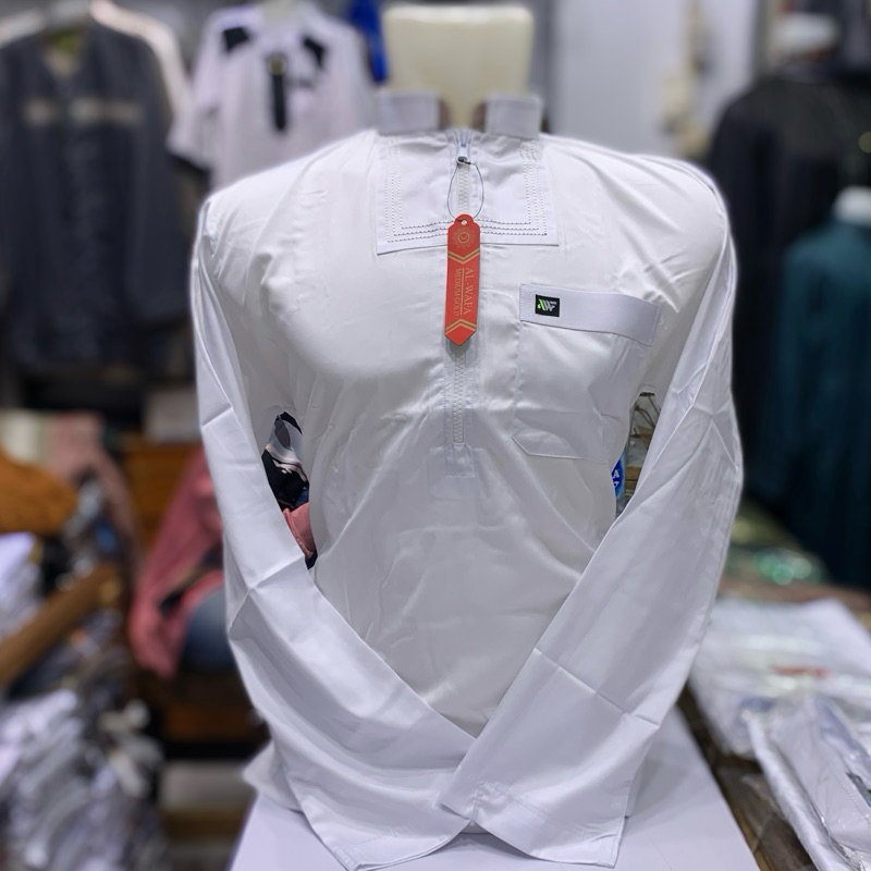 Koko Al Wafa Putih Lengan Panjang Resleting Satin Korea | Baju Muslim Lengan Panjang Al Wafa Medium Gold