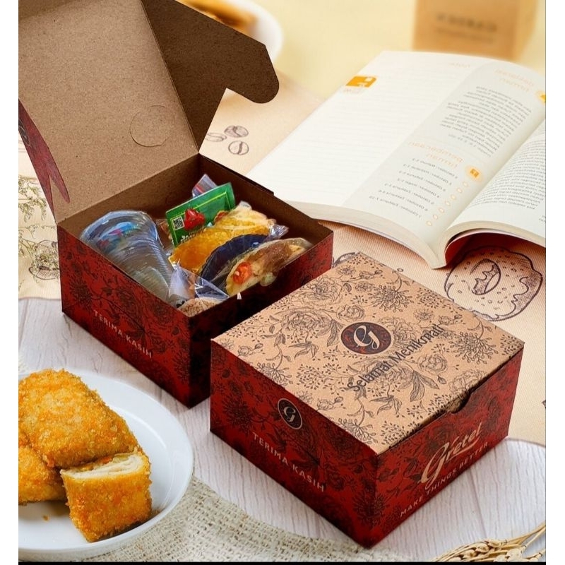 

isi 50 dus snack gretel gs brown / dus kue ukuran 12x12 12x14 12x16