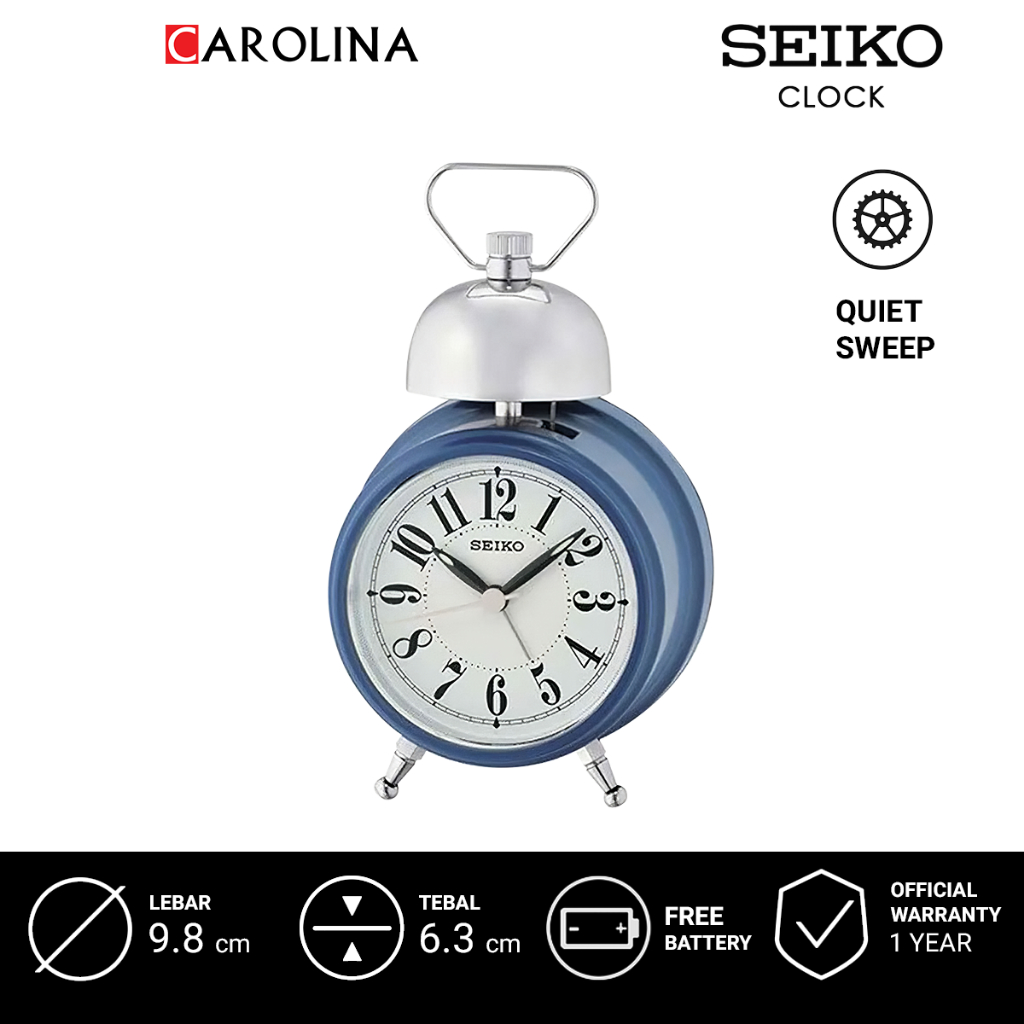 Jam Beker QHK055L SEIKO QHK055L Quiet Sweep Analog Blue Plastic Case White Dial Bedside Bell Alarm C