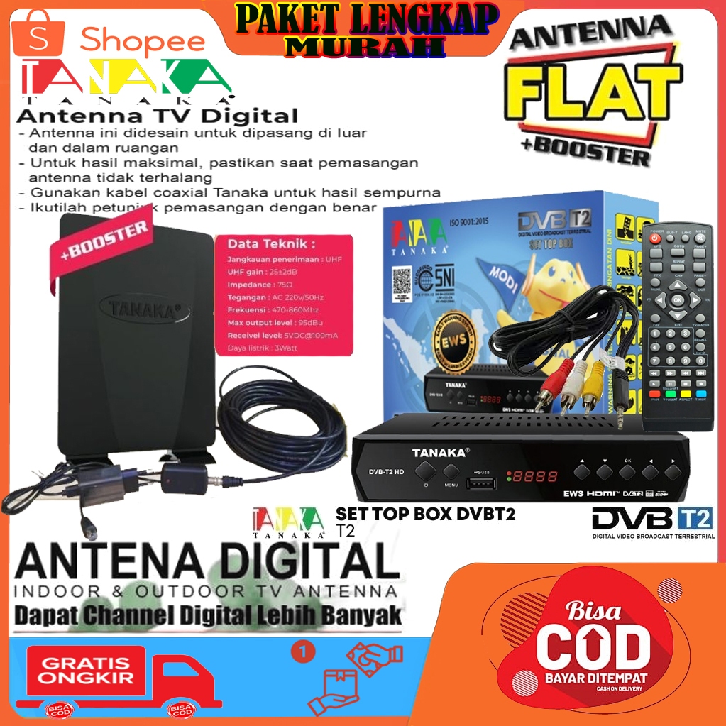 TANAKA ANTENA TV DIGITAL FLAT +BOSTER INDOOR OUTDOOR+SET TOB BOX T2 BODI METAL