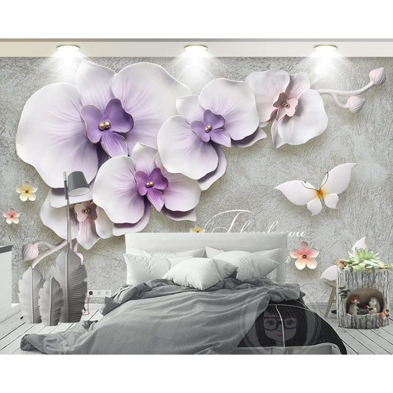 Stiker Wallpaper 3D Custom Motif Bunga Besar Visual Timbul, Wallpaper Ukiran Bunga Wall Mural 3D