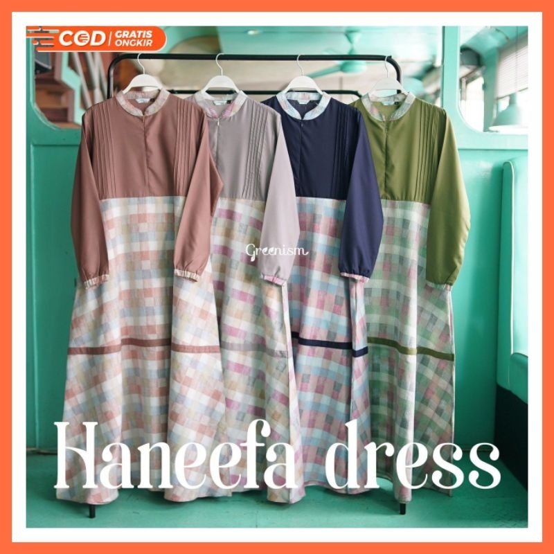Gamis Remaja Katun Premium  Haneefa Dress Greenism Motif Kotak Kotak Terbaru