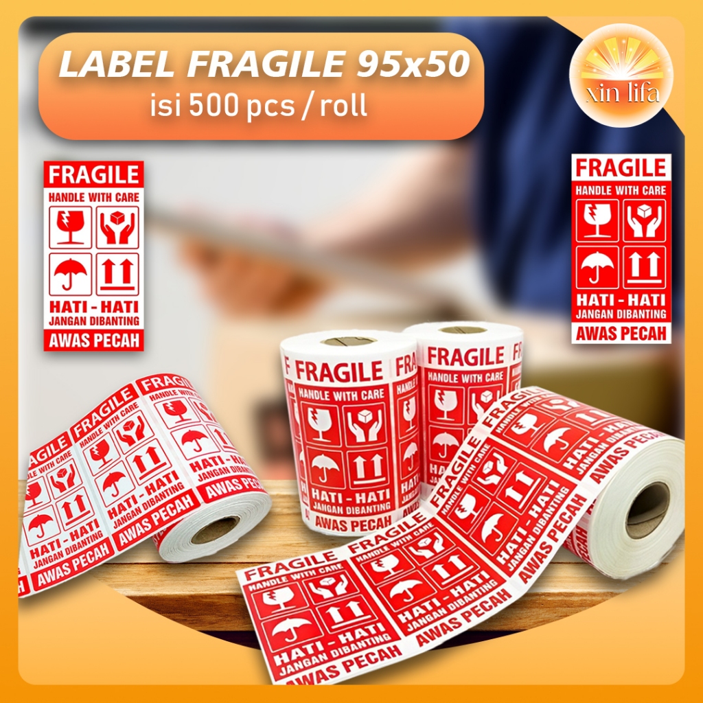 

Label Sticker FRAGILE 95x50 HANDLE WITH CARE HATI-HATI JANGAN DIBANTING AWAS PECAH 95 x 50 isi 500