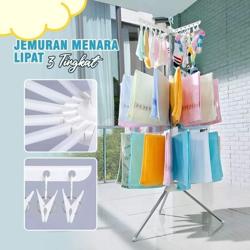 Jemuran Tower Menara Ukuran Jumbo / Jemuran Menara 3 Tingkat / Jemuran Bayi Bisa Dilipat