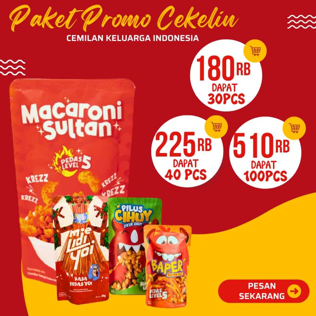 

Paket Cemilan Keluarga Makaroni, Basreng, Lidi-lidian, & Cikur Reseller isi 30 Bungkus Bisa Pilih Rasa