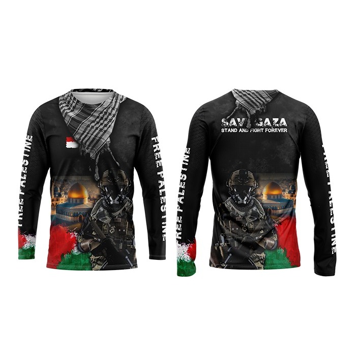 Kaos Jersey Pria Lengan Panjang Hitam Save Palestina D1