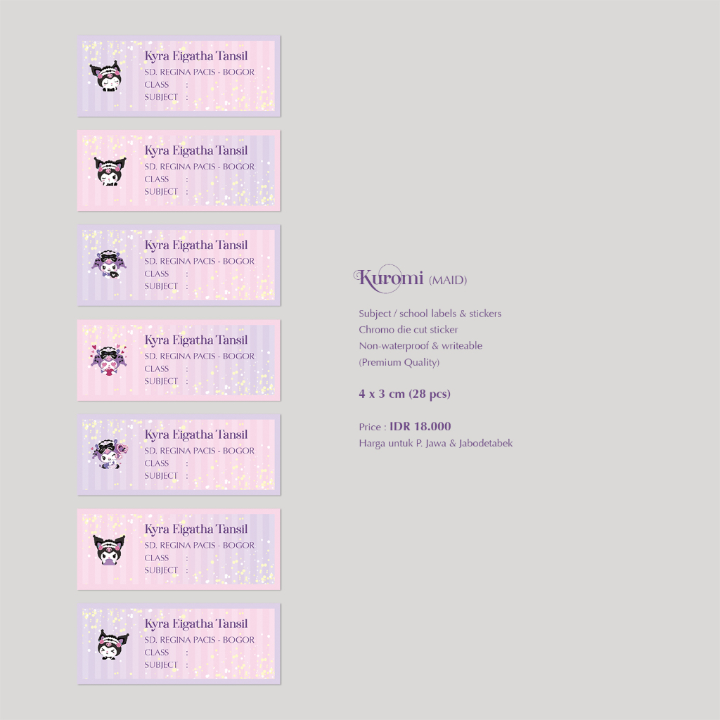 

KUROMI Maid (STIKER MATA PELAJARAN - 28 pcs) / LABEL SEKOLAH / LABEL & STIKER NAMA