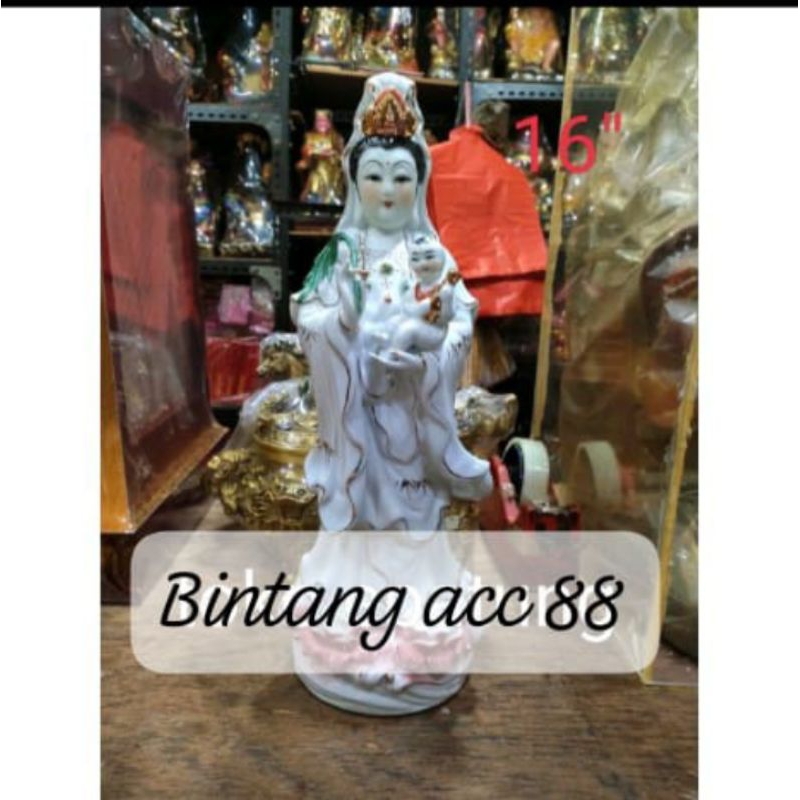 patung dewi kwan im/guan yin- gendong anak -berdiri - 16inch - keramik