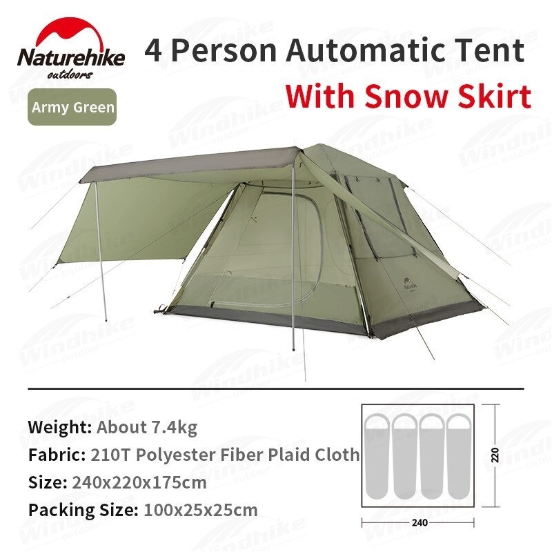 TENDA CAMPING ANGO 4P NATUREHIKE NH21ZP010 AUTO TENT WITH SNOW SKIRT ORIGINAL TENDA ANGO GREEN NATUR