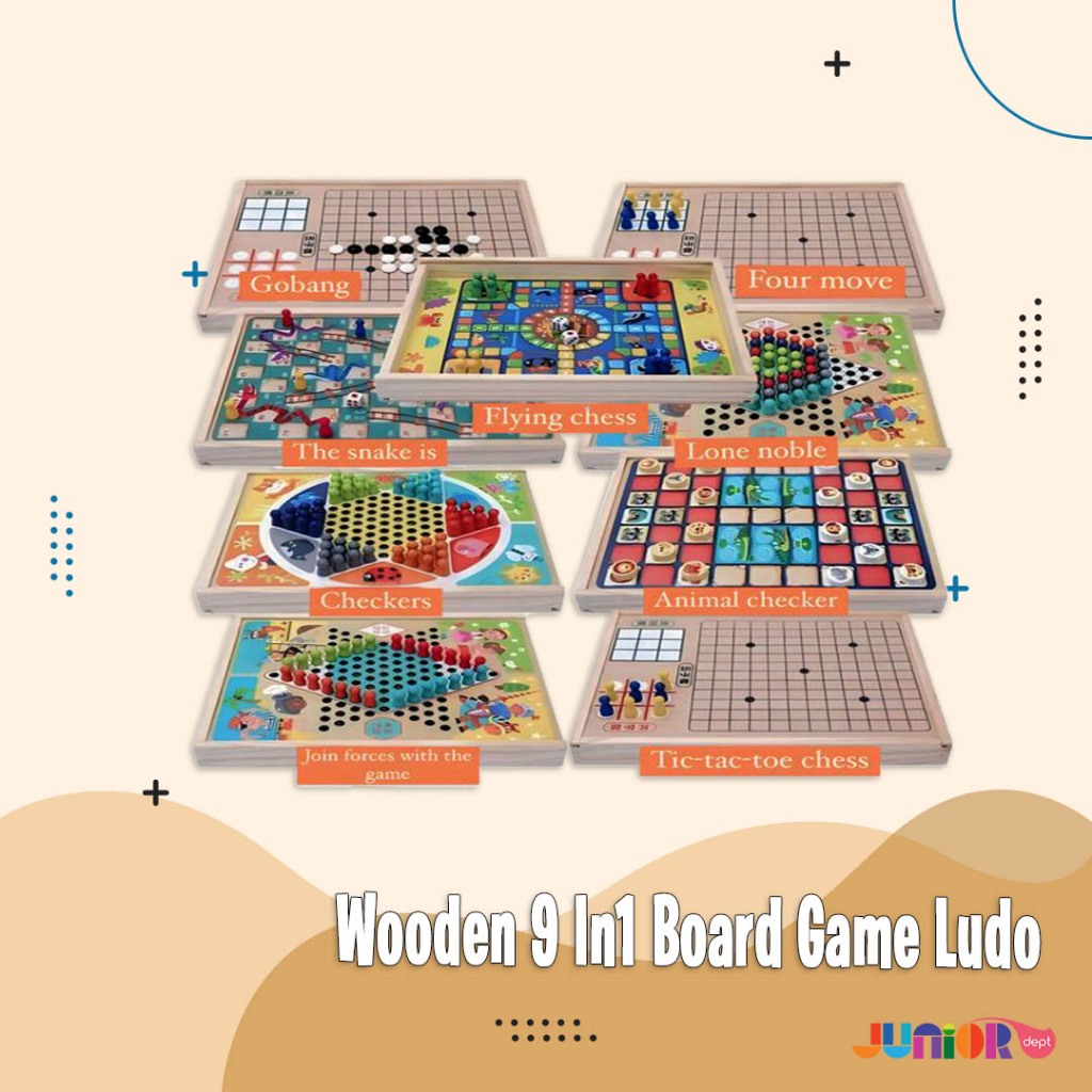 Wooden Board 9 in1 Game /Ludo /Catur /Ular Tangga /Family Game