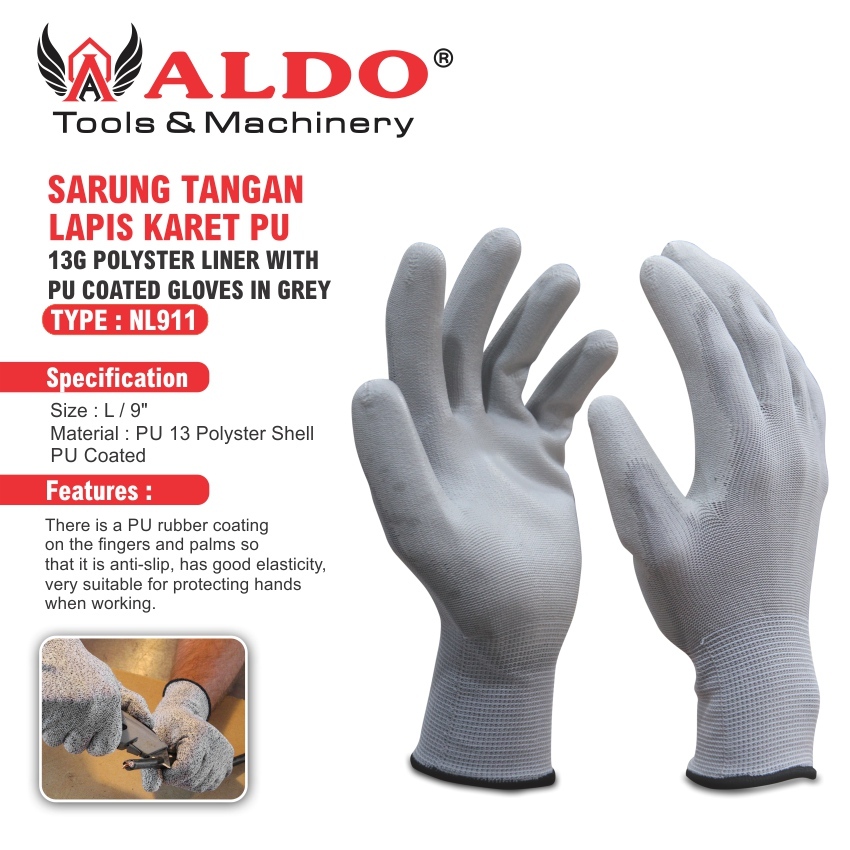 SARUNG TANGAN LAPIS KARET PU 911 / SAFETY GLOVE / SAFEGLOVE MERK ALDO