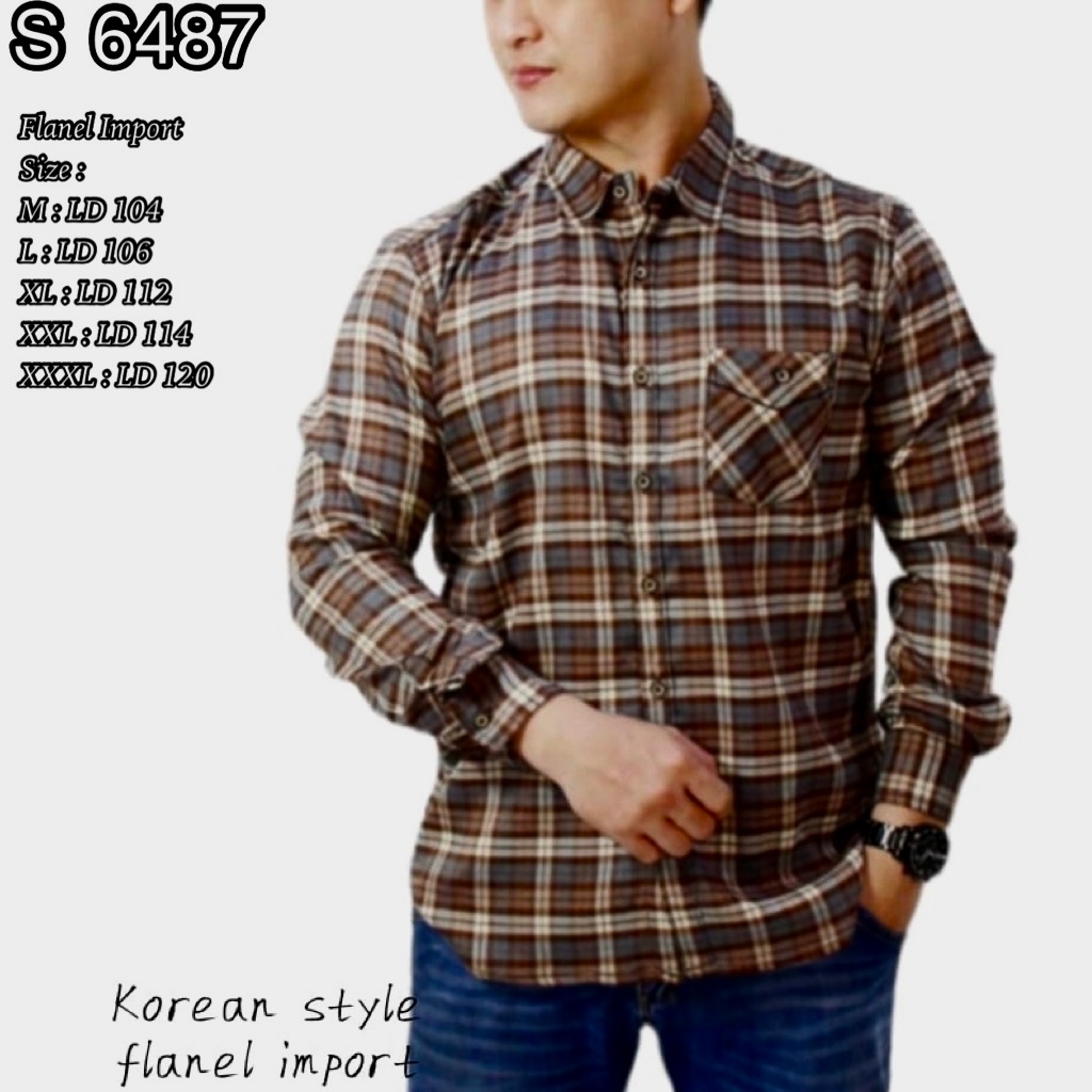 6487 Kemeja Pria Flanel Motif Kotak Warna Coklat
