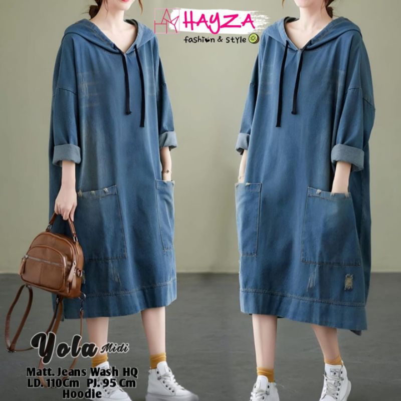 yola tunik midi jeans wash/tunik hoodie korean style/jeans hoodie wanita terbaru