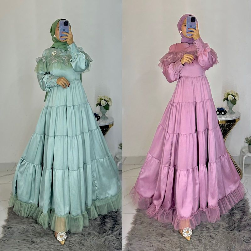 DRESS SATIN SABRINA TILE RENDA PREMIUM