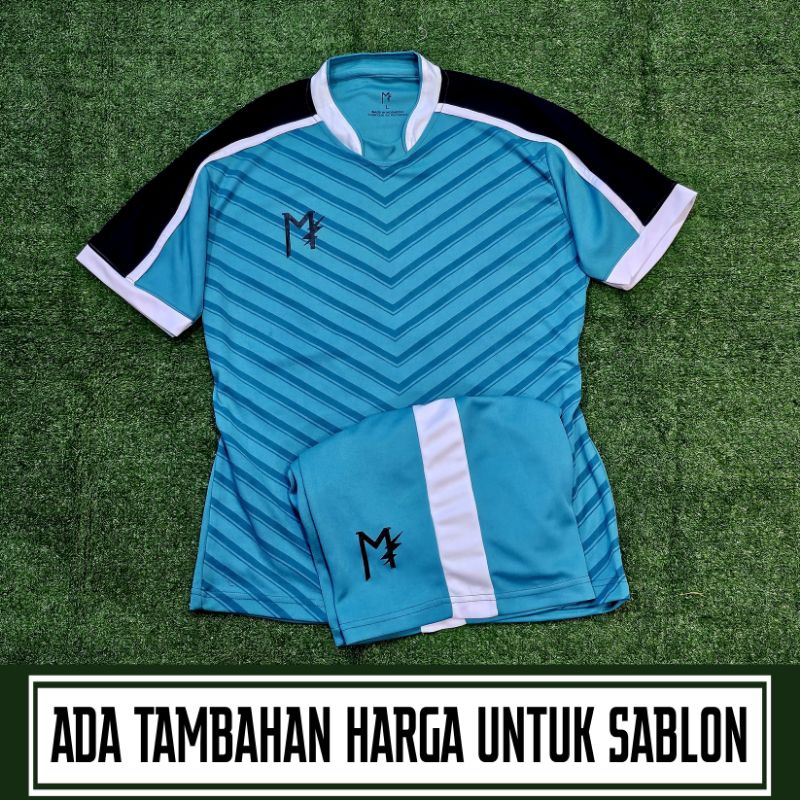 Muzakar Baju Futsal Setelan Stelan Jersey Biru Muda List Hitam Putih, Bisa Sablon
