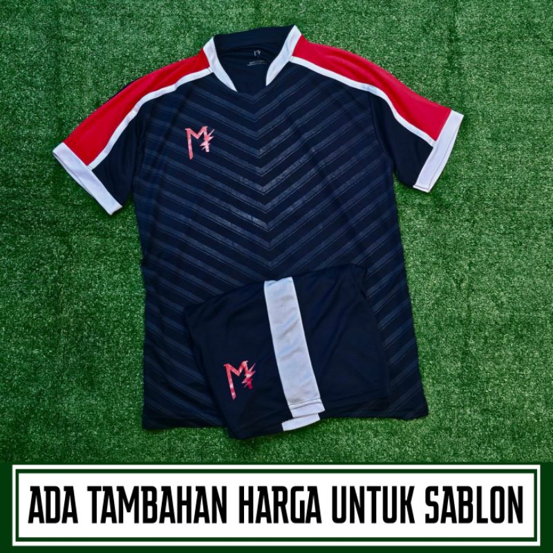 MUZAKAR Baju Futsal Setelan Stelan Jersey Bola Hitam List Merah Putih, Bisa Sablon