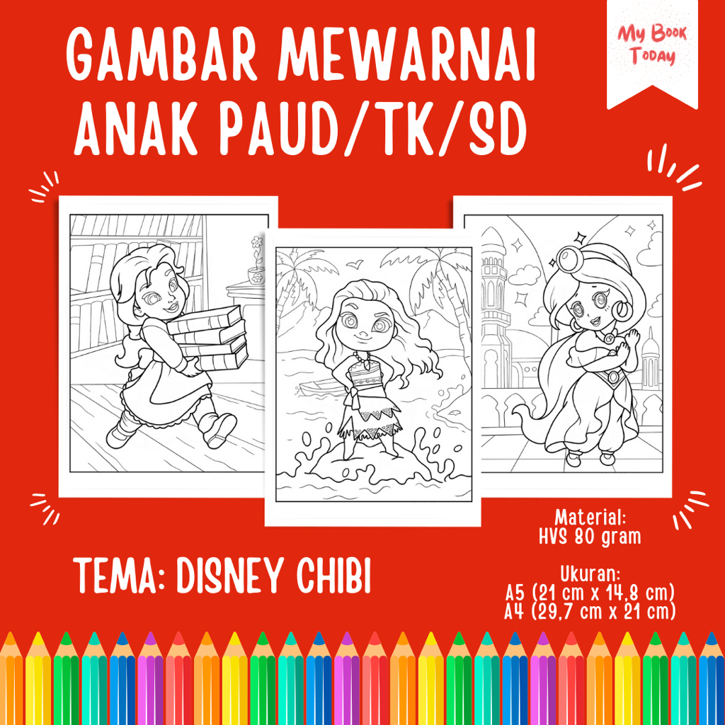 

[My Book Today] Lembar Kertas Sketsa Gambar Mewarnai untuk Anak Sekolah PAUD TK SD Tema Disney Chibi