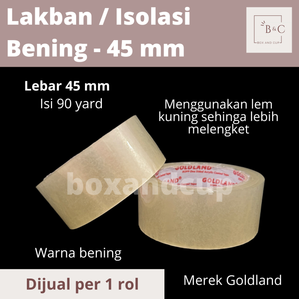 

Lakban / Isolasi / Selotip / Plester OPP Tape Bening Transparan 45 mm isi 90 yard Merek Goldland