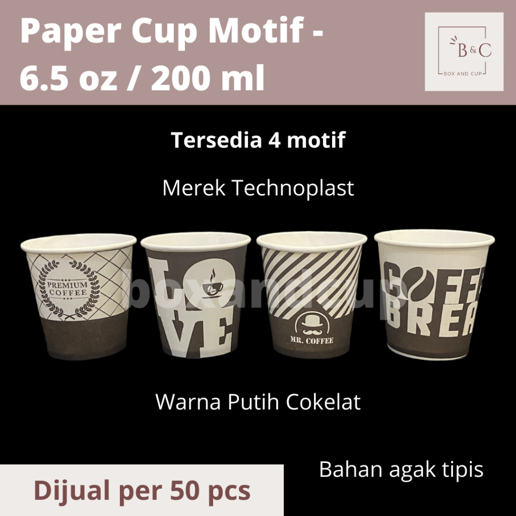 Paper Cup / Gelas Kertas Panas Polos & Motif dan Tutup Murah / Kopi Coffee / Teh Tea / Ukuran 6.5 oz