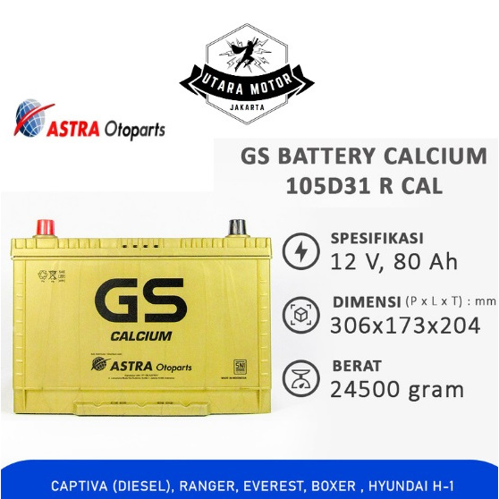 GS ASTRA CALCIUM Aki Kering Mobil 105D31R L300 12V 80Ah Captiva Toyota