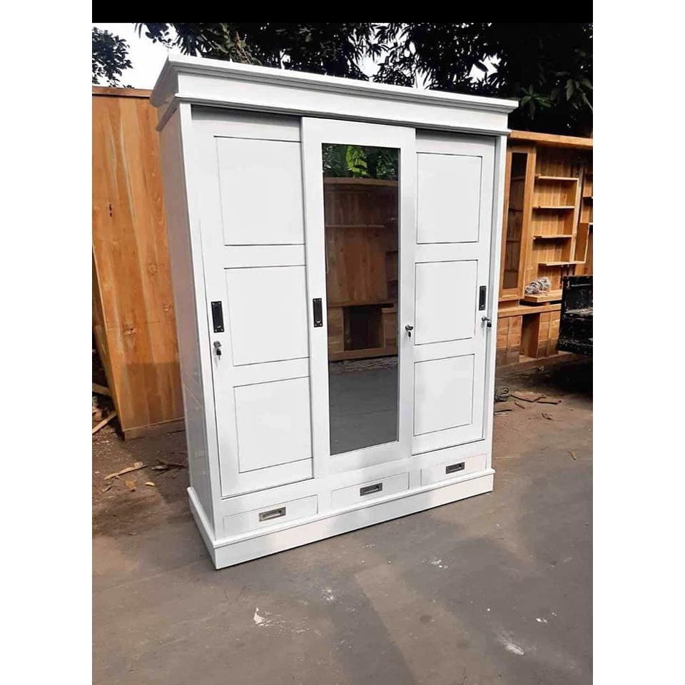 LEMARI SLEDING 3 PINTU BAHAN KAYU JATI JEPARA
